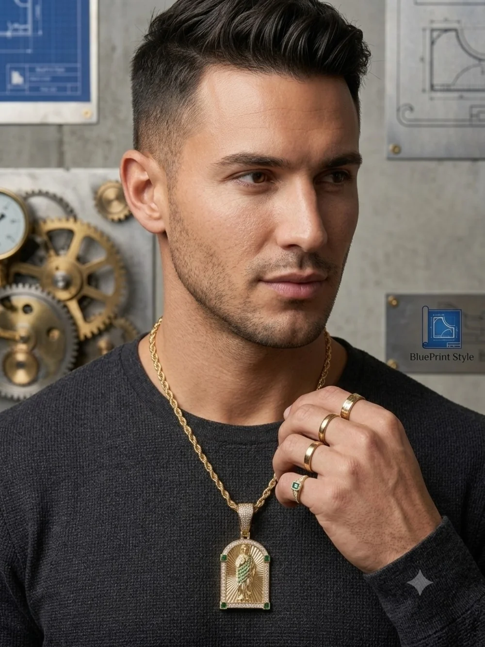 Men's Gold Emerald Jesus Pendant with Rope Chain Necklace
